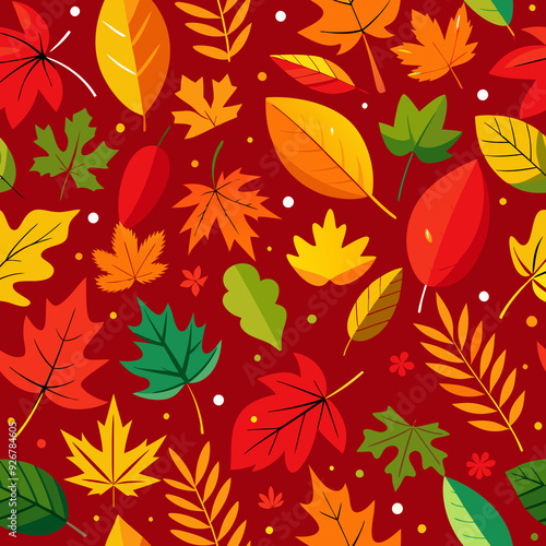 Autumn leaves in various shapes and colors are scattered across a , red background.