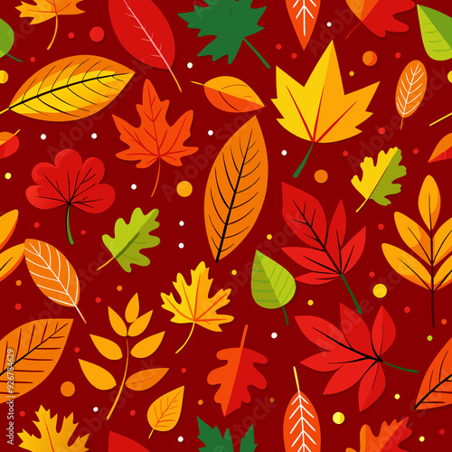 Autumn leaves in various shapes and colors are scattered across a , red background.