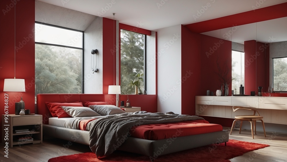 Modern bedroom with red and neutral tones, designed for comfort Modern bedroom with red and neutral tones, designed for comfort