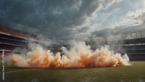 Stadium field filled with orange smoke under dramatic clouded sky