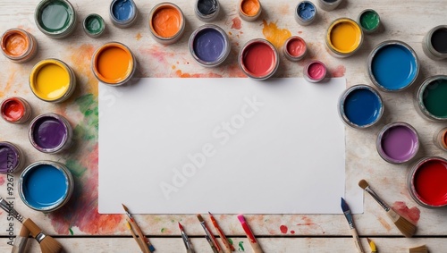 Collection of colorful paint cans and brushes surrounding blank canvas