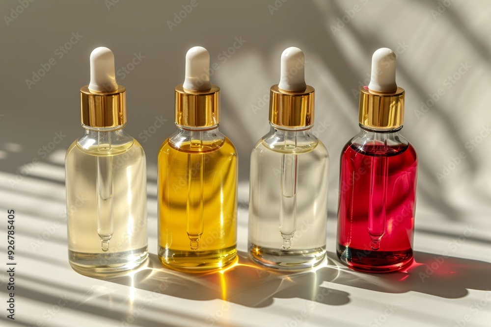 Organic plant oils in bottles with pipettes in minimalist laboratory setting, natural sunlight aromatherapy wellness