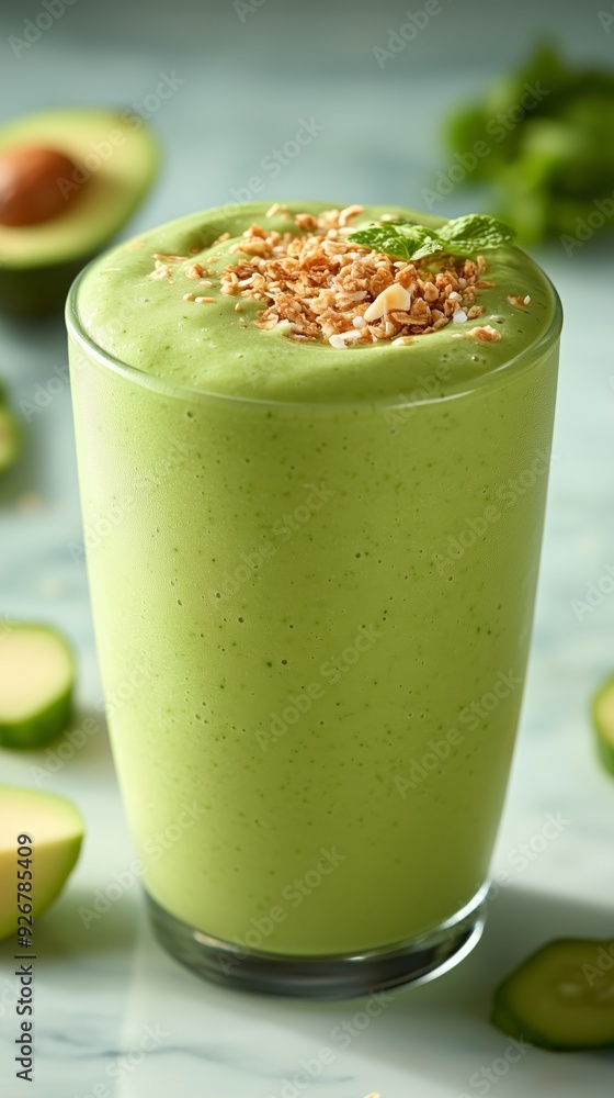Green avocado smoothie with granola garnish on light marble table Green avocado smoothie with granola garnish on light marble table