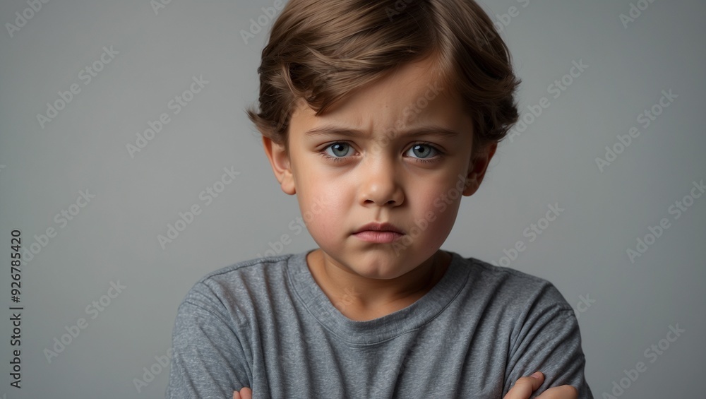 Young boy with furrowed brow wearing gray t-shirt looking serious Young boy with furrowed brow wearing gray t-shirt looking serious