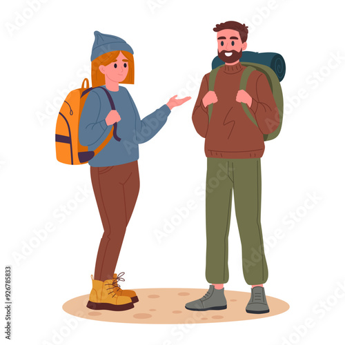 Characters outdoor adventure. Couple on hike, hiking active tourist people, trekking and backpacking flat vector illustration. Folks hiking on trail