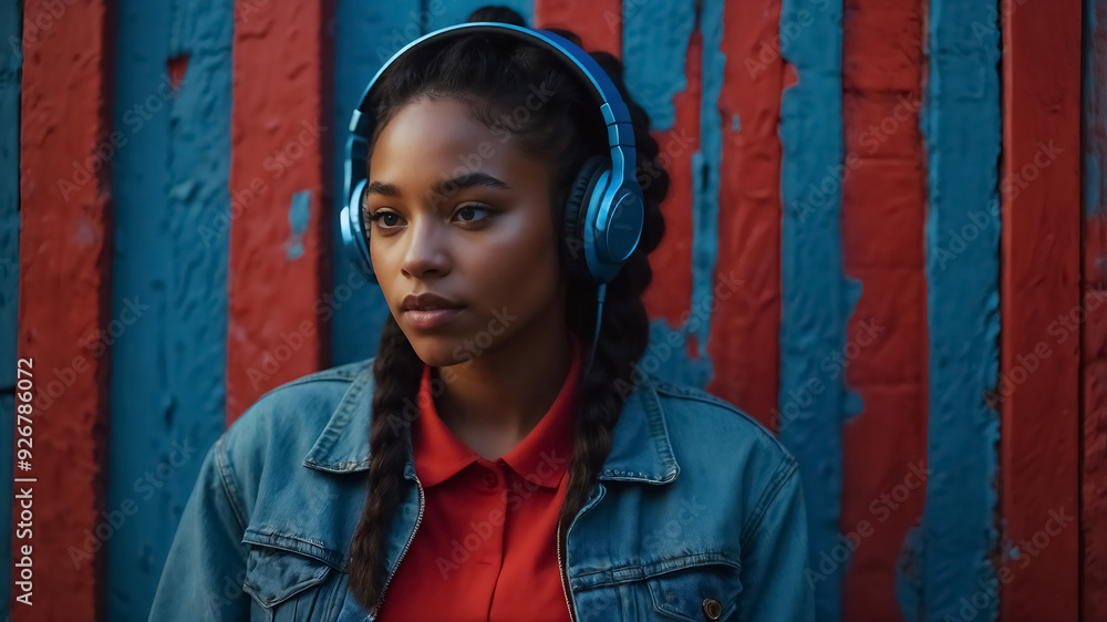 Naklejka premium A girl with blue headphones on a red and blue background