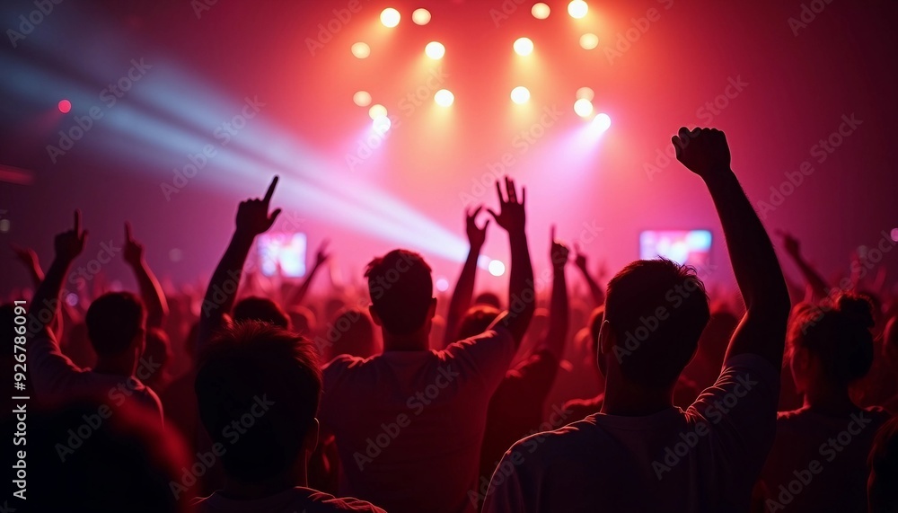 Silhouettes of people enjoying themselves under colorful lights at a concert venue. Silhouettes of people enjoying themselves under colorful lights at a concert venue.