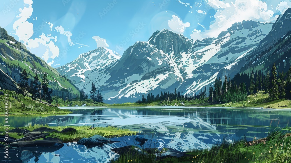 Majestic Alpine Landscape with Glaciers and Reflective Lake, Showcasing Global Warming Effects Majestic Alpine Landscape with Glaciers and Reflective Lake, Showcasing Global Warming Effects