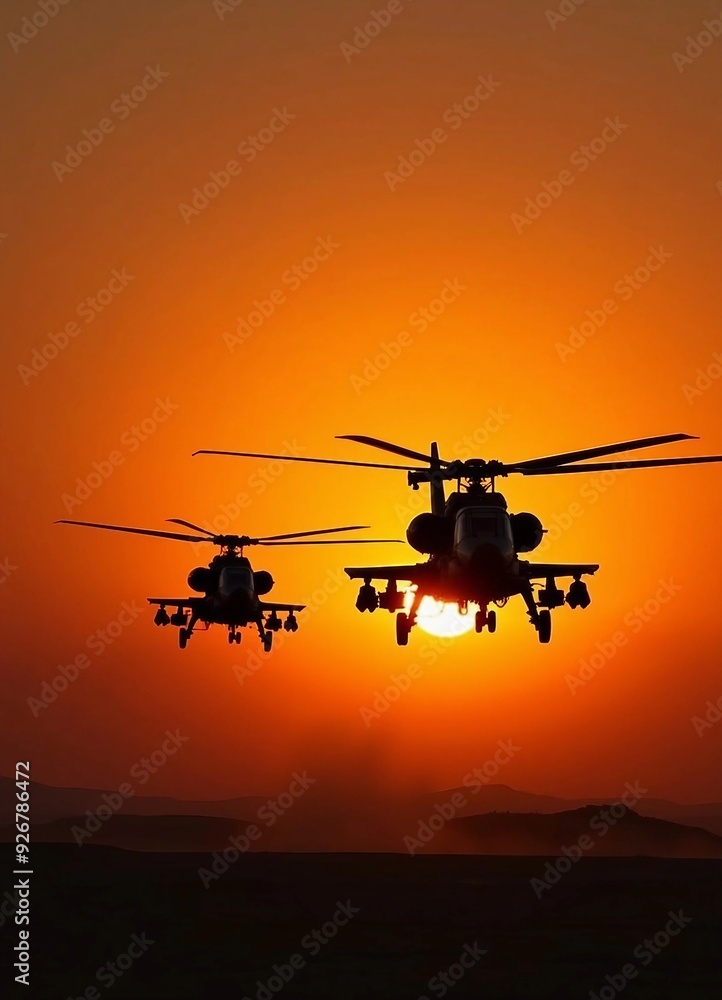 Two attack helicopters fly side by side against a glowing sunset backdrop.
Two attack helicopters fly side by side against a glowing sunset backdrop.