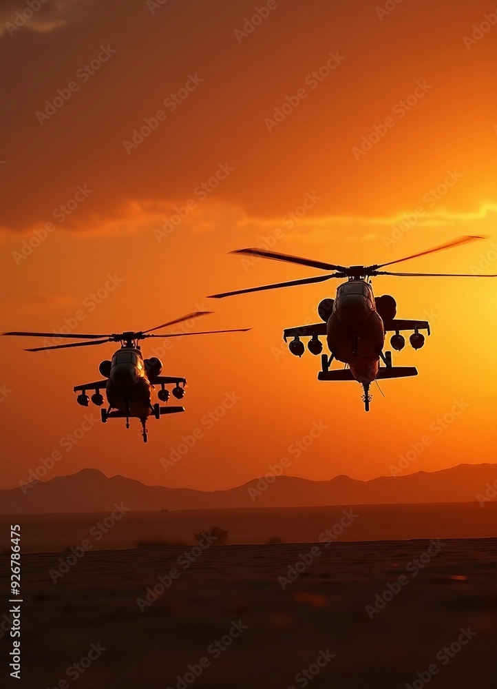 Two attack helicopters fly side by side against a glowing sunset backdrop.
Two attack helicopters fly side by side against a glowing sunset backdrop.