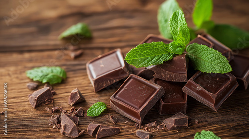 Pieces of chocolate with mint lying on wooden table