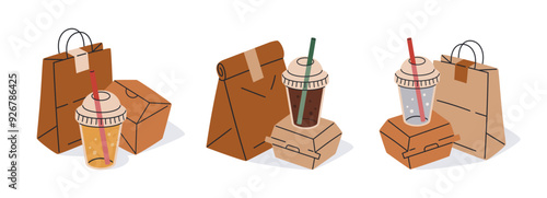 Fast food disposable containers. Takeaway food delivery containers, carton boxes, paper bags and plastic cups for drinks flat vector illustration set. Food delivery packaging