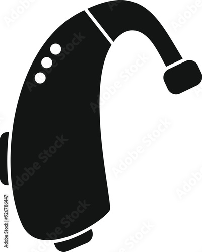 Black glyph icon representing a modern hearing aid, a device designed to improve hearing for people with hearing loss