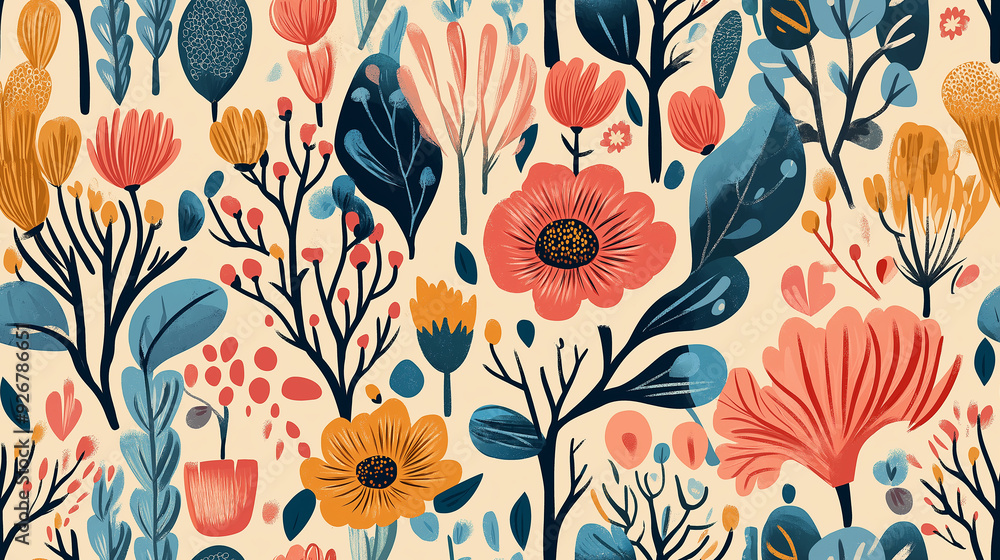 Stylized botanical seamless pattern with a variety of flowers and plants in warm tones, featuring hand-drawn elements, perfect for natural-themed products or home decor. Stylized botanical seamless pattern with a variety of flowers and plants in warm tones, featuring hand-drawn elements, perfect for natural-themed products or home decor.