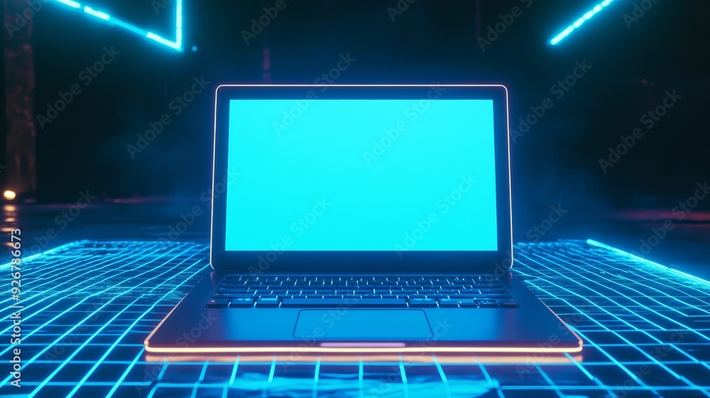 Portable neon computer with a blank screen on a desk in a dark room with blue lighting featuring a laptop with neon blue light on a digital grid symbolizing cuttingedge technology