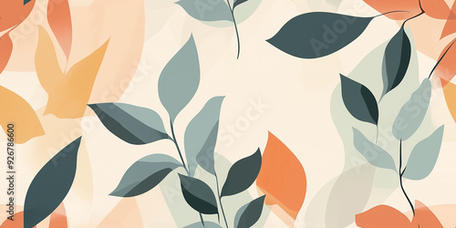 Minimalist seamless pattern with soft-colored leaves and abstract shapes on a light background, offering a calming and elegant design for interiors or print.