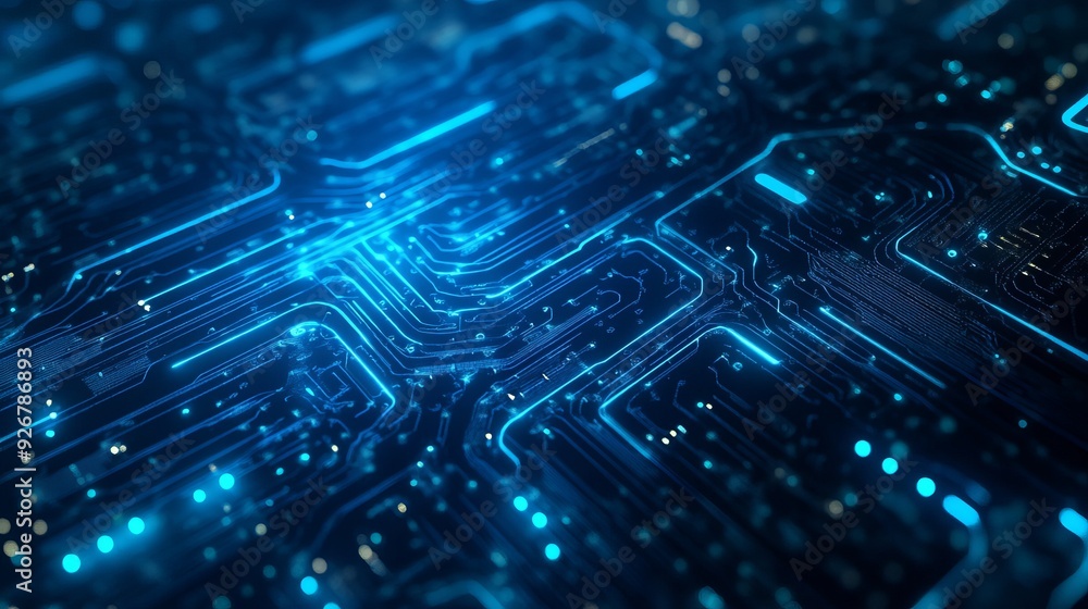 Quantum computer technologies concept with a futuristic blue circuit board background Modern technology circuit board texture design with flowing waves representing quantum explosion Quantum computer technologies concept with a futuristic blue circuit board background Modern technology circuit board texture design with flowing waves representing quantum explosion