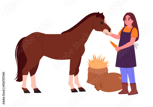 Female farmer with horse. Country girl feeding cute horse, woman doing farming job flat vector illustration. Woman take care of domestic animals