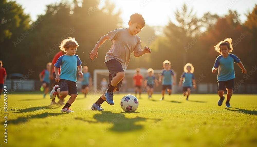 Fototapeta premium Children play soccer energetically on a grass field, with a focus on the players and dynamic light and shadow enhancing the lively scene.