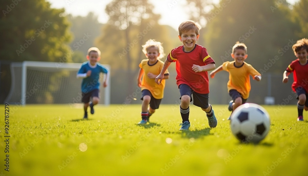 Children play soccer energetically on a grass field, with a focus on the players and dynamic light and shadow enhancing the lively scene.
Children play soccer energetically on a grass field, with a focus on the players and dynamic light and shadow enhancing the lively scene.