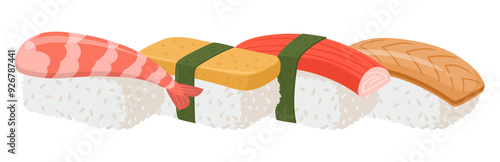 Japanese seafood dish. Cartoon sushi with shrimp, eel fish and tuna traditional asian cuisine flat vector illustration. Tasty Japan cuisine dish