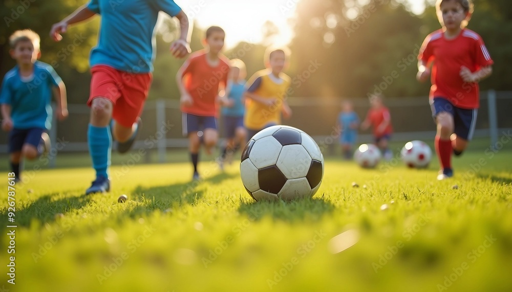 Children play soccer energetically on a grass field, with a focus on the players and dynamic light and shadow enhancing the lively scene.
Children play soccer energetically on a grass field, with a focus on the players and dynamic light and shadow enhancing the lively scene.