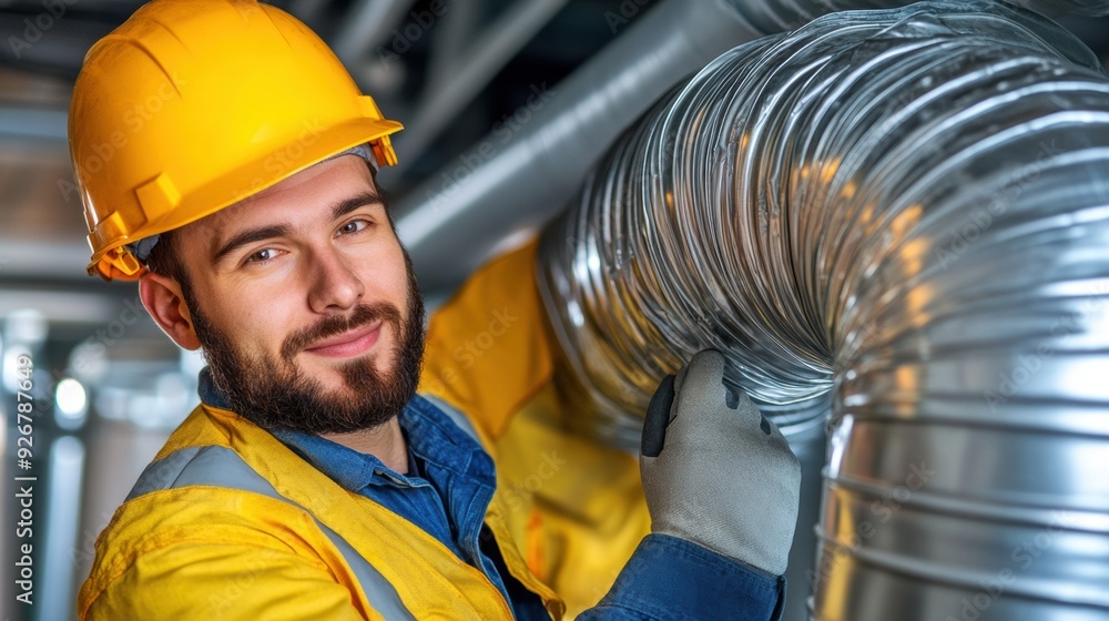 A man in a yellow hard hat is working on the duct, AI A man in a yellow hard hat is working on the duct, AI