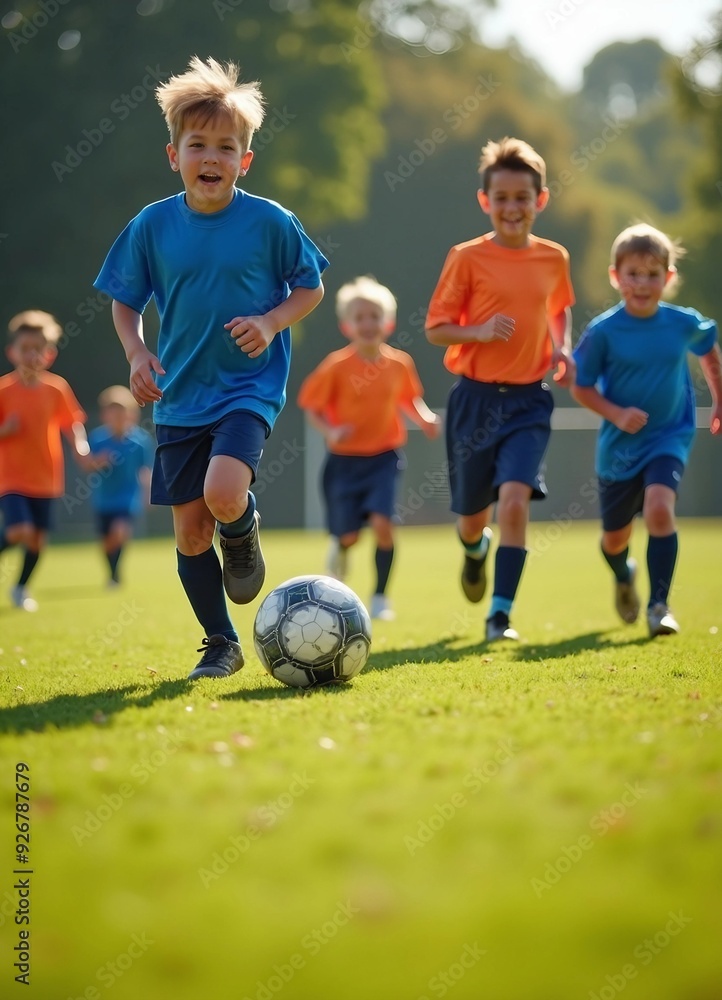Children play soccer energetically on a grass field, with a focus on the players and dynamic light and shadow enhancing the lively scene.
Children play soccer energetically on a grass field, with a focus on the players and dynamic light and shadow enhancing the lively scene.