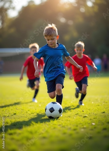 Children play soccer energetically on a grass field, with a focus on the players and dynamic light and shadow enhancing the lively scene.