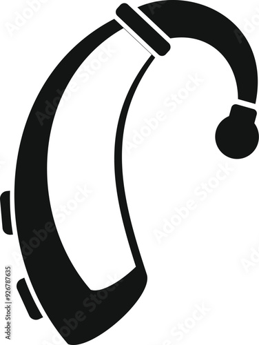 Black glyph icon representing a behind the ear hearing aid, a device designed to improve hearing for people with hearing loss