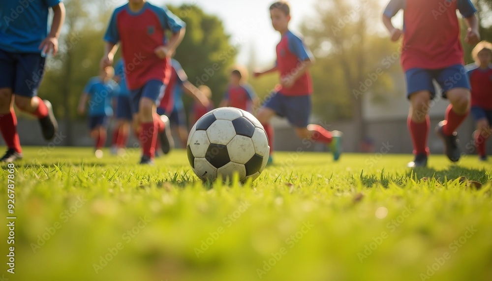 Children play soccer energetically on a grass field, with a focus on the players and dynamic light and shadow enhancing the lively scene.
Children play soccer energetically on a grass field, with a focus on the players and dynamic light and shadow enhancing the lively scene.