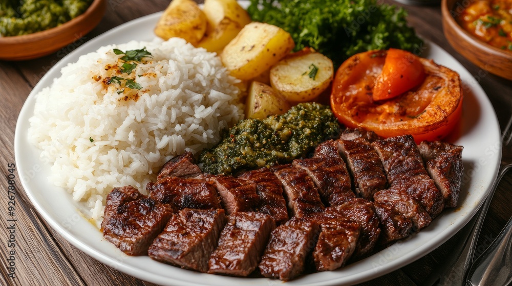 Slices of grilled beef served with Turkish bread, rice, and potatoes Slices of grilled beef served with Turkish bread, rice, and potatoes