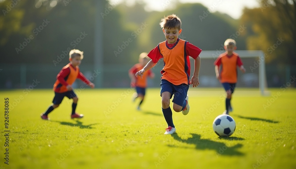 Fototapeta premium Children play soccer energetically on a grass field, with a focus on the players and dynamic light and shadow enhancing the lively scene.
