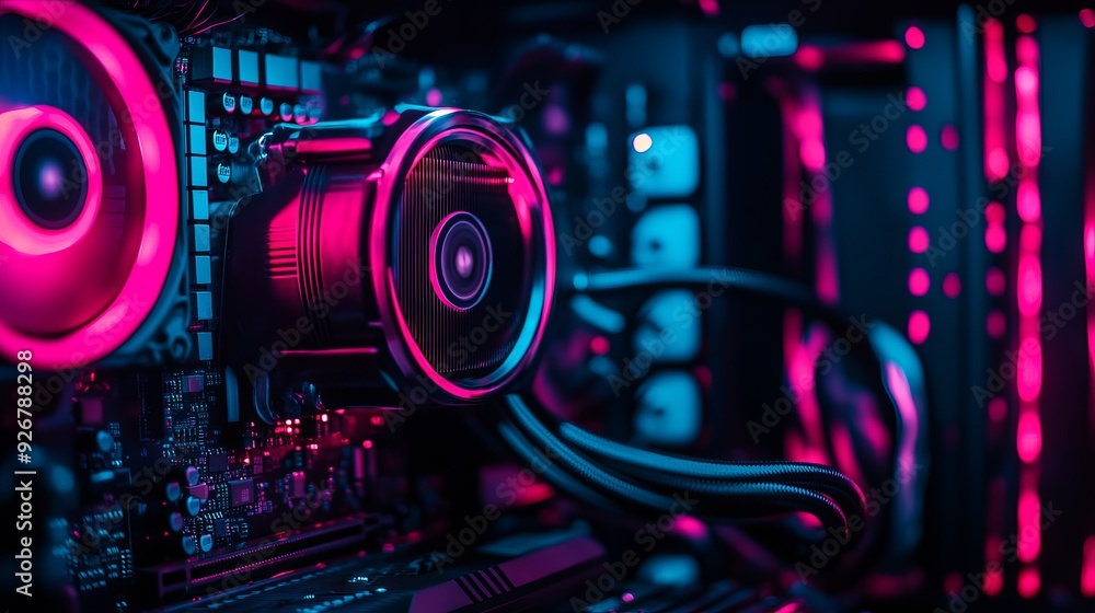 Upgrade or repair of a gaming computer featuring a modern power PC in the dark with neon lights from the CPU coolers and memory boards Configuration or repair of desktop gaming computer Upgrade or repair of a gaming computer featuring a modern power PC in the dark with neon lights from the CPU coolers and memory boards Configuration or repair of desktop gaming computer