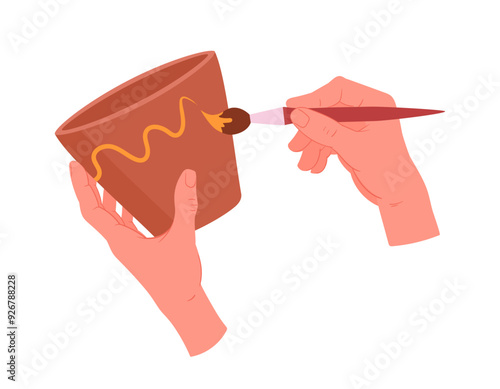 Potter paints pot. Potters hands create ceramic piece, earthenware potters hands flat vector illustration. Pottery workshop process