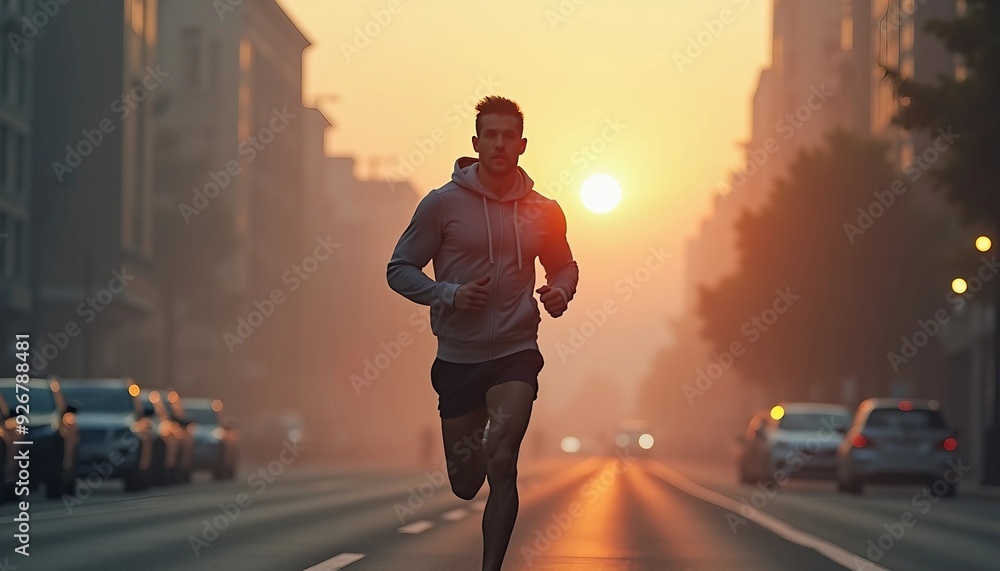 A hooded man running alone in the city streets at sunrise, in a motivational running scene. Portrait.
A hooded man running alone in the city streets at sunrise, in a motivational running scene. Portrait.