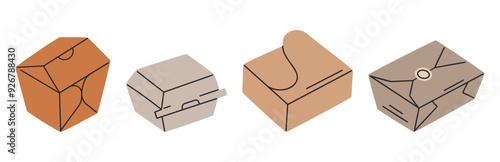 Takeaway food carton boxes. Fast food paper delivery containers, disposable cardboard boxes for noodles, meat or salad flat vector illustration set. Food delivery packaging