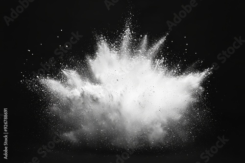Dynamic composition of a white powder explosion captured against a black background, featuring high-speed photography with sharp details and flying particles forming various shapes.