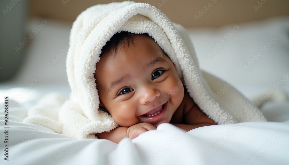 Portrait of a happy African American baby wrapped in a cozy white towel.
Portrait of a happy African American baby wrapped in a cozy white towel.