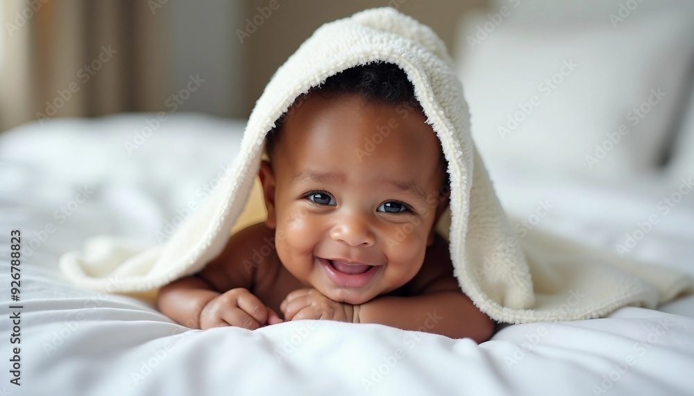 Portrait of a happy African American baby wrapped in a cozy white towel.
Portrait of a happy African American baby wrapped in a cozy white towel.