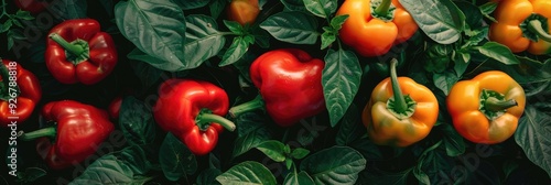 Fresh red, yellow and green bell peppers surrounded by green leaves on a dark textured background. The concept of healthy food and environmentally friendly products.