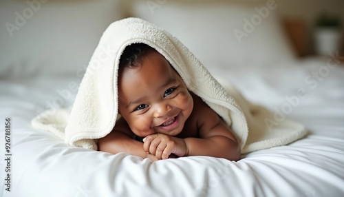 Portrait of a happy African American baby wrapped in a cozy white towel.