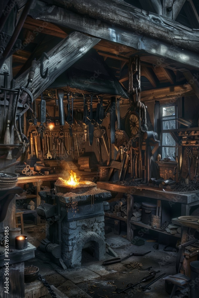 Traditional Wild West Blacksmith Shop Interior with Glowing Forge and Tools Hanging on Walls Traditional Wild West Blacksmith Shop Interior with Glowing Forge and Tools Hanging on Walls