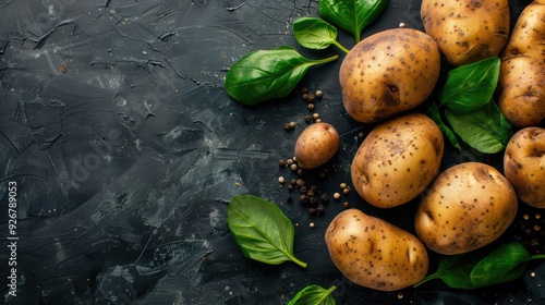 Fresh potatoes with green leaves on a dark textured background emphasize the concept of a natural, organic product. photo