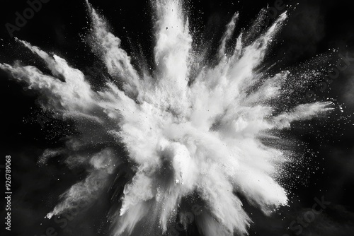 Powerful white powder explosion effect on a black backdrop, with flying particles filling the center of the scene, captured in high-speed photography with sharp and detailed elements