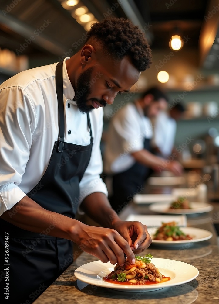 Portrait of an African American chef adding the finishing touch to his dish.
Portrait of an African American chef adding the finishing touch to his dish.