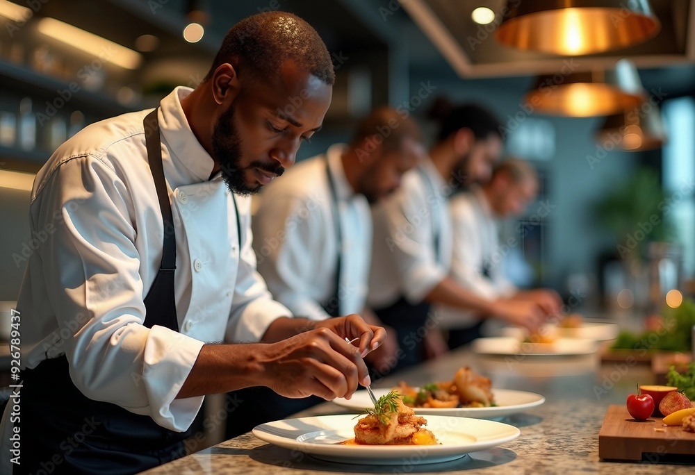 Portrait of an African American chef adding the finishing touch to his dish.
Portrait of an African American chef adding the finishing touch to his dish.