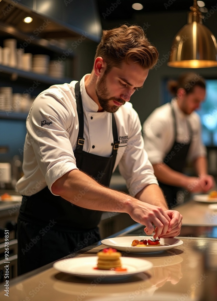 Portrait of a professional chef adding the finishing touch to his dish.
Portrait of a professional chef adding the finishing touch to his dish.