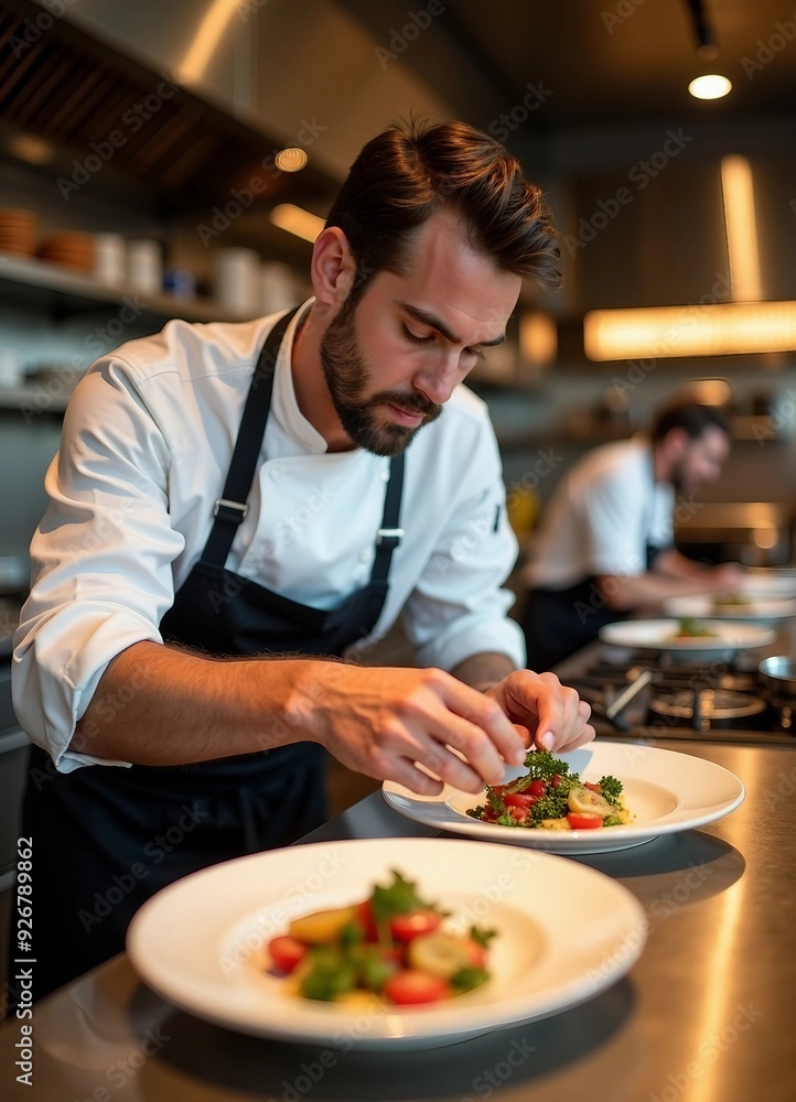 Portrait of a professional chef adding the finishing touch to his dish.
Portrait of a professional chef adding the finishing touch to his dish.