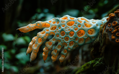 A zombie hand with many small holes, deformed fingers with cluster holes, fungal infection with dark jungle background photo